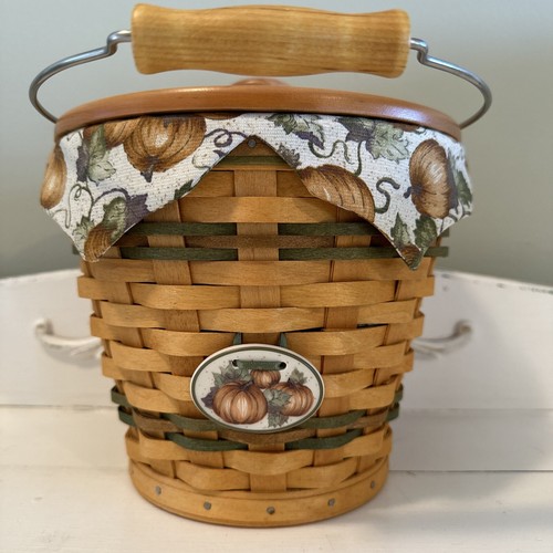 Longaberger Sage Autumn Pail Basket Set w/Pumpkin Patch Liner, Pumpkin Lid & Tie - Picture 3 of 12