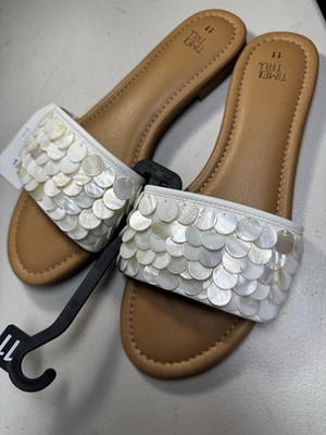 Time and Tru Women's White Solid Faux Leather Shell Slide Slip On Sandals 11