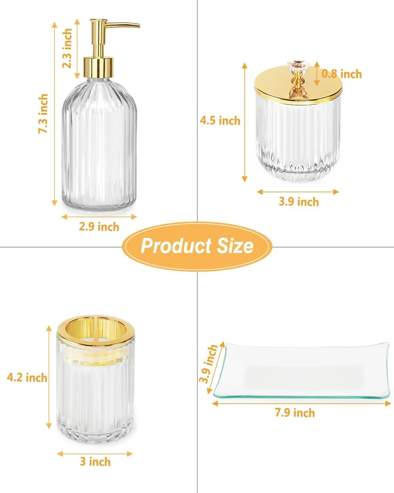 Gold Bathroom Accessories Set, 4Pcs Clear Glass Bathroom Accessory Sets Complete - Image 4 of 4