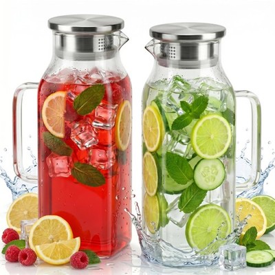 2 Pack Square Glass Pitcher with Lid Handle 68oz 2 Liter Borosilicate Water