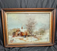 Antique Reverse Glass Painting Deep Wood Frame Winter Cottage Horse Landscape