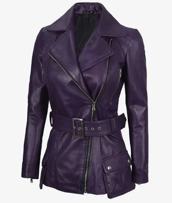 Women New Belted Asymmetrical Moto Biker Real Lambskin Purple Leather Jacket - Image 3 of 4