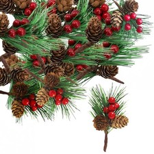 10P Fake Christmas Holly Sprigs Artificial Pine Picks with Red Berry Natural ...