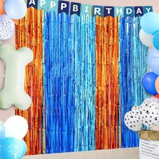 2 Pack Blue Dog Party Foil Tinsel Fringe Curtains Photo Booth Backdrop
