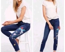 Free People Womens Embroidered Peacock Skinny Jeans SZ 25 Festival Boho Hippie