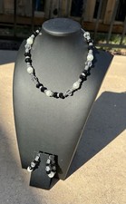 Necklace And Earring Set Faux Pearl Black And Crystal Beads