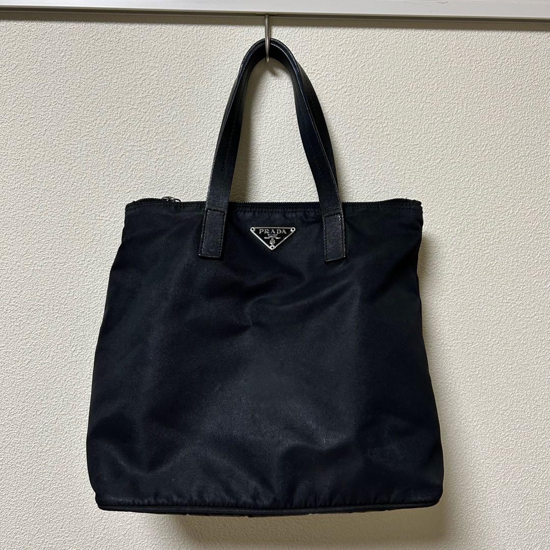 PRADA Trapezoid Handbag Triangle Logo Black Leather 25cm Used Authentic Japan