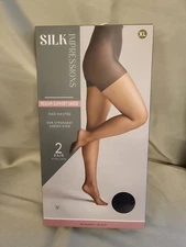 2 Pair BLACK X-LARGE  XL Silk Impressions Pantyhose MED SUPPORT SHEER Hi WAIST