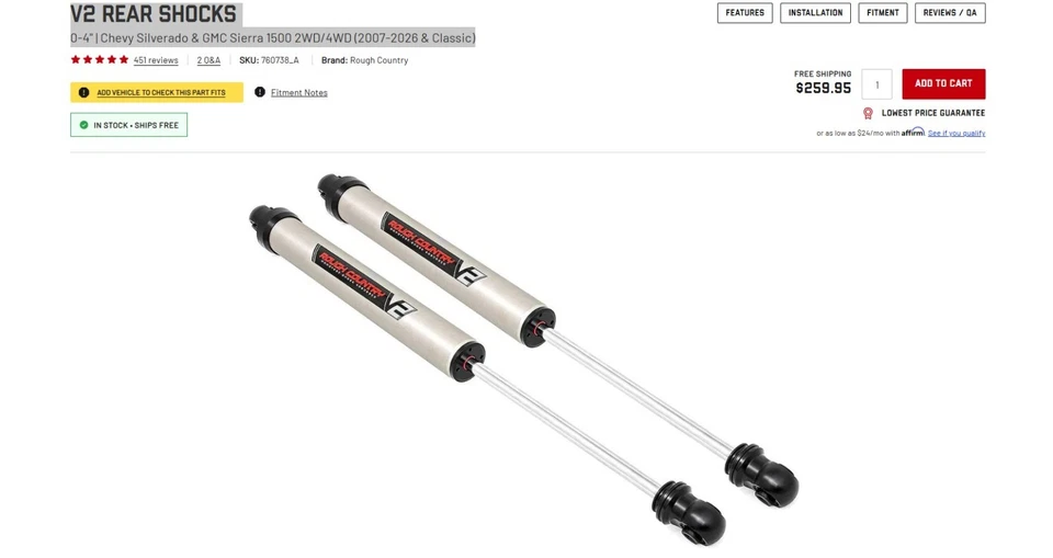 Amortiguadores traseros Rough Country V2 0-4" | Chevy Silverado y GMC Sierra 1500 2x2/4x4 (2 Foto 3 de 3