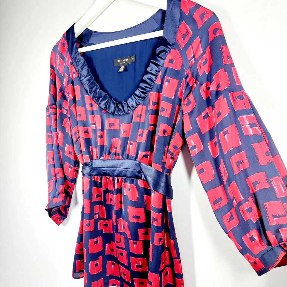 Ted Baker Silk Top Blouse Size 2 UK 10 Navy Red 3/4 Sleeves Belted - Image 3 of 4