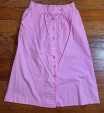 Vintage 80s Pink Button Up Midi Skirt Size 7 Pleats Pockets Full Skirt