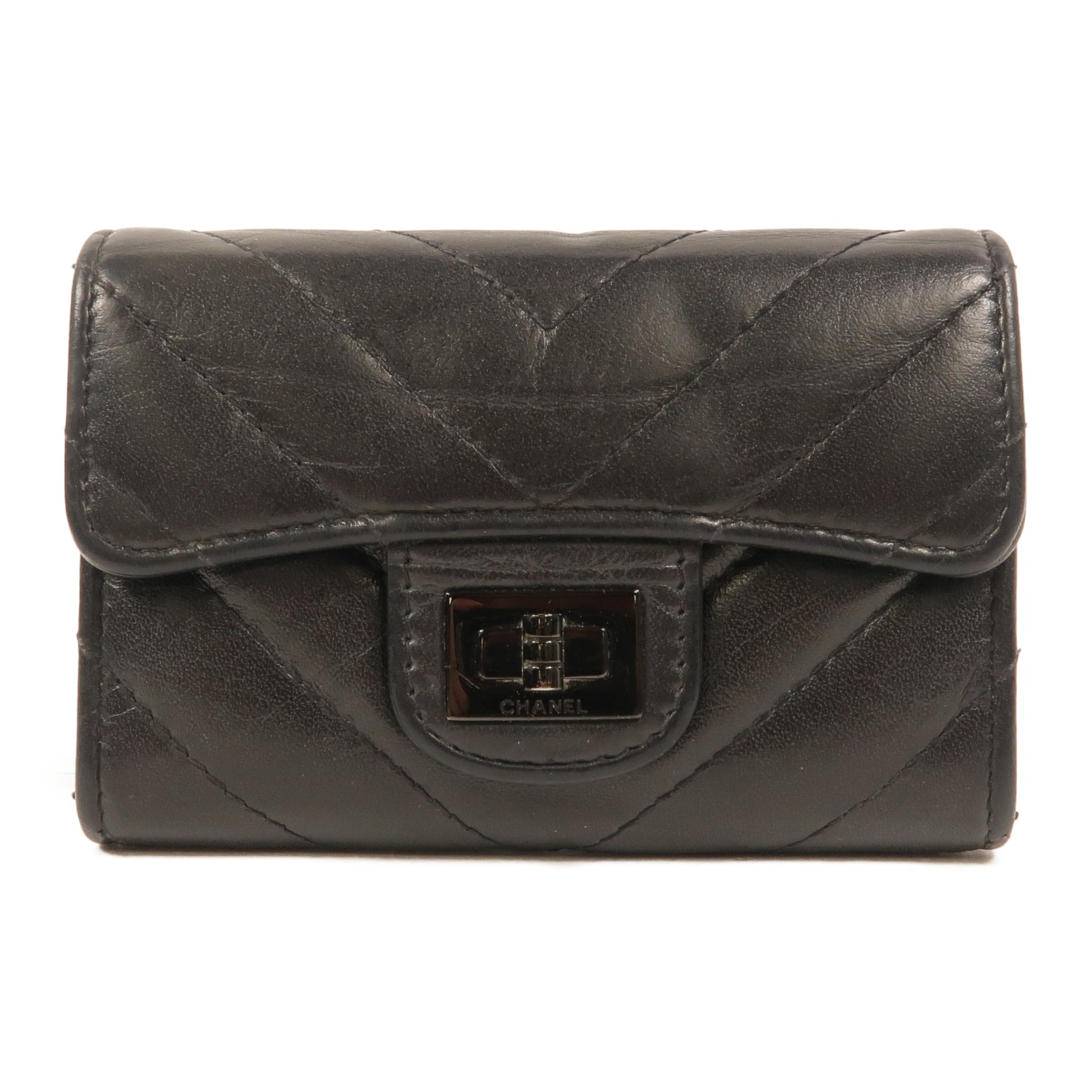 CHANEL CC 2.55 So Black Card Holder A80831 Calfskin Leather Black