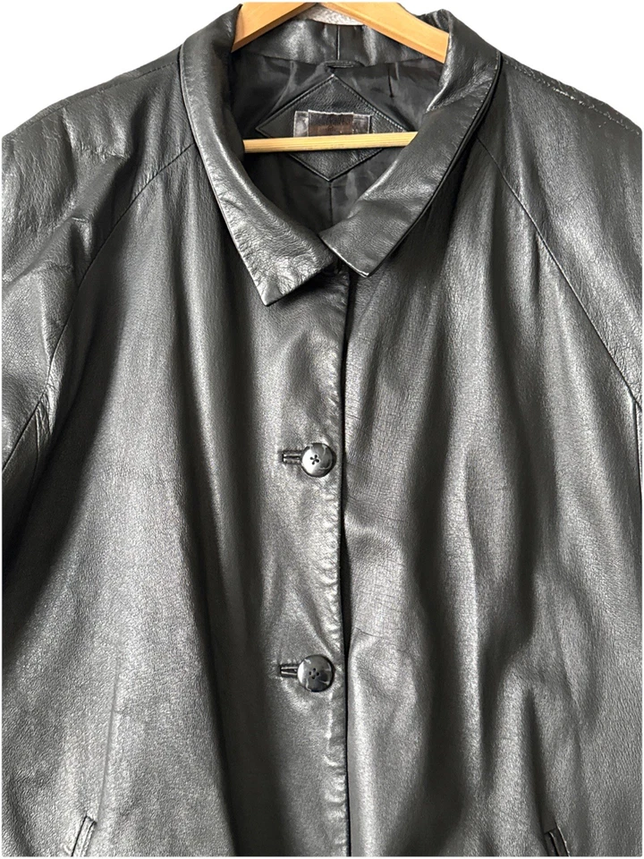 Abrigo De Colección Venezia Vitale Cuero Negro Genuino Mujer Talla B8/22W Bolsillos Botones Foto 4 de 4