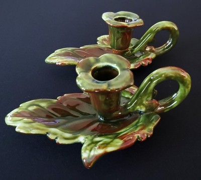 MCM Ceramic Brown Green Drip Glaze Fall Leaves Chamber Candle Stick Holders