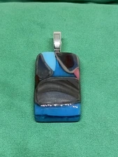 Hand Crafted  Fused Glass Pendant #1297 W/Chain Blue Gray