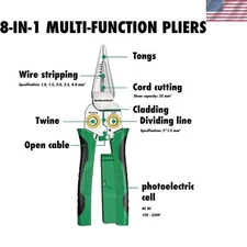 8-in-1 Wire Stripper for Electrician: Needle Nose Pliers with Voltage Green