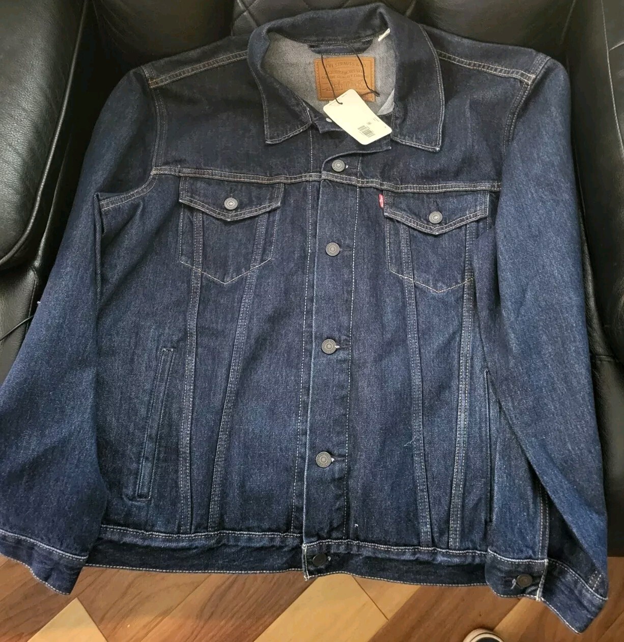 Levis Strauss Co Red Tab Modern Big E Remake Dark Wash Trucker Denim Jean Jacket