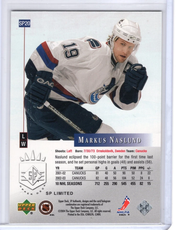 2003-04 SP Authentic 10th Anniversary Limited #SP20 Markus Naslund 62/99 - Image 2 of 2