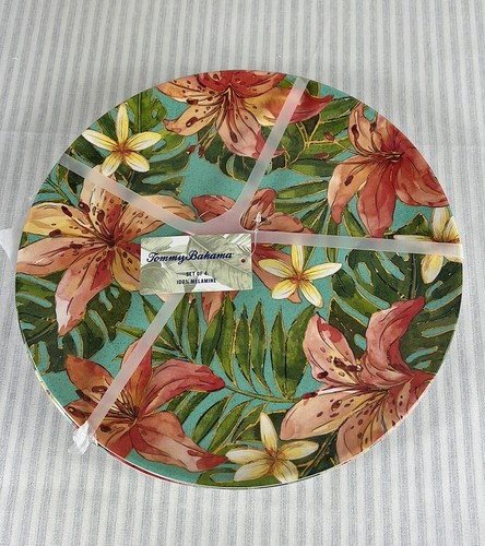 Tommy Bahama Melamine Dinner Plates 11" Hibiscus Tropical Flowers Set Of 4 NEW