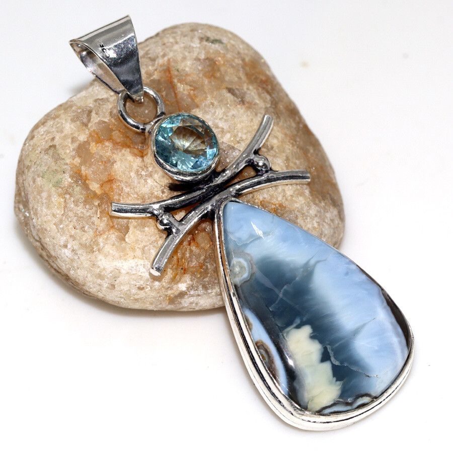 925 Silver Plated Owhyee Blue Opal Blue Topaz Long Pendant Size 2.3