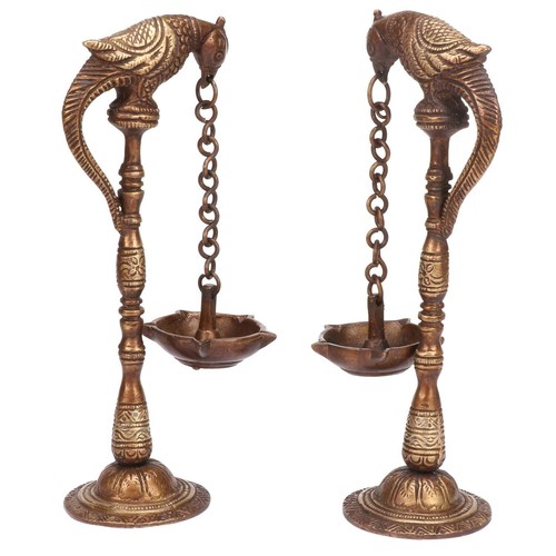 Brass Antique Parrot Chain Hanging Diya Pair Design Deepak Diwali Pooja 7 Inch - Picture 4 of 5