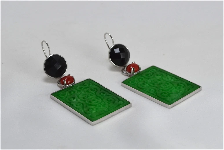 Pendientes de Plata 925 Con Jade Verde Coral Rojo Ónix Colgantes Aght 0495 - Imagen 2 de 3