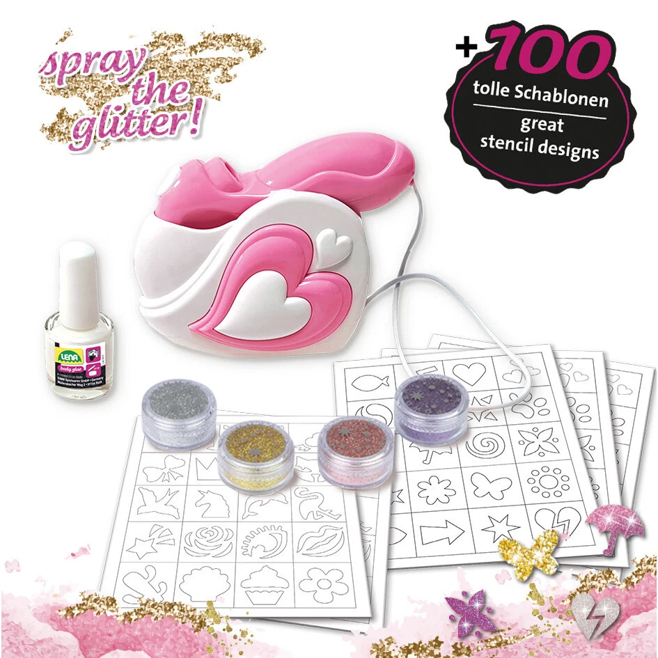 LENA Airbrush Tattoo Studio Glitzer Set 106 Teile für Kinder inkl. 100 Schablonen NEU
