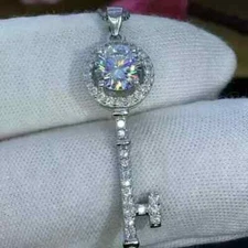 2Ct Real Moissanite Key Pendant With Chain 14k White Gold Plated 925 Silver