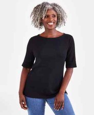 Karen Scott Cotton Boat-Neck Top, Small - Deep Black