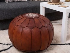 STUFFED Handmade pouf, Genuine Leather Boho Pouf, Ottoman Footstool Pouffe
