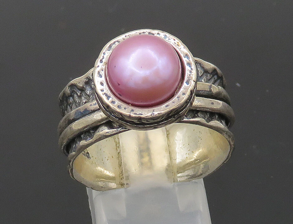 SHABLOOL ISRAEL 925 Silver Vintage Pink Pearl Oxidized Band Ring Sz 9 RG21311