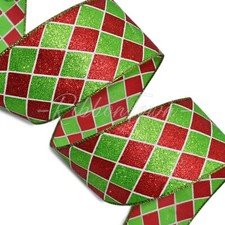 10 Yards Christmas Red Green White Glitter Harlequin Diamond Jester Ribbon 2.5"W