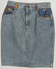 Vivaldi Jeanware Women's Pencil Skirt Blue Acid Wash w Floral Inserts 10 VINTAGE