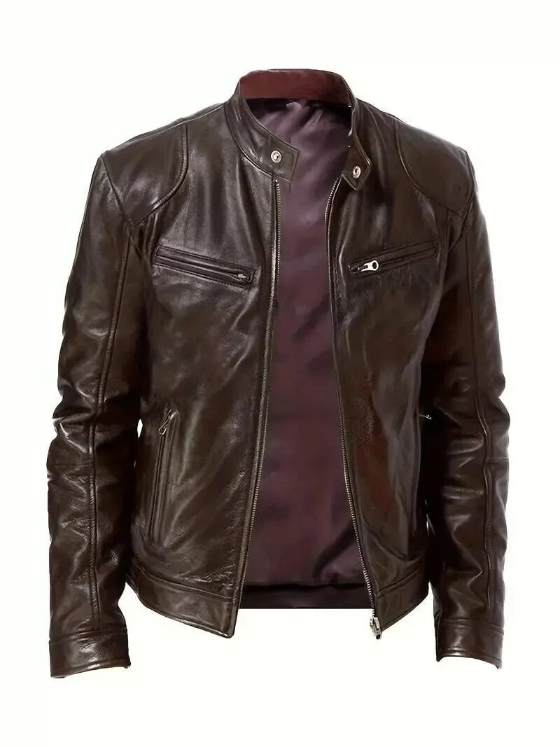 Men's Motorcycle Cafe Racer Retro Real Leather Jacket Brown Biker Sheep Skin