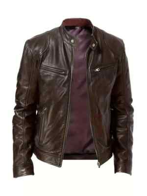 Men's Motorcycle Cafe Racer Retro Real Leather Jacket Brown Biker Sheep Skin