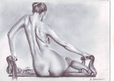 Französische Künstlerin Erotik Zeichnung in Bleistift und Graphit A4 (21x30cm) Akt AKT