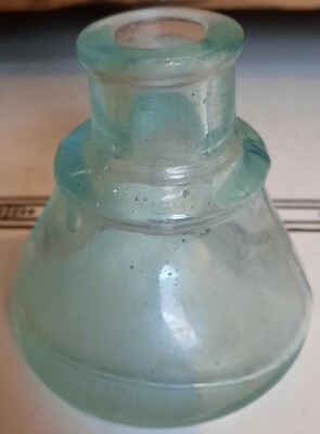 Vntg Antique Light Blue Hand Blown Ink Bottle, Unsymmetrical, Bubbles