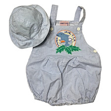 VTG NEW YORK KIDS Blue Stripe Dolphin Cove USA Romper  Hat 24M 100 Cotton VBC
