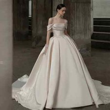 Elegant Satin Wedding Dresses Short Sleeve Lace Up Back Appliques Bridal Gowns