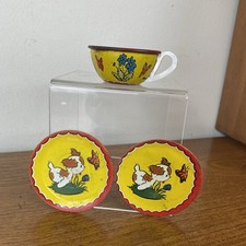 Vintage 1950  s Child Play Tin Litho Tea Cup  Saucers Dog  Butterfly Ohio Art