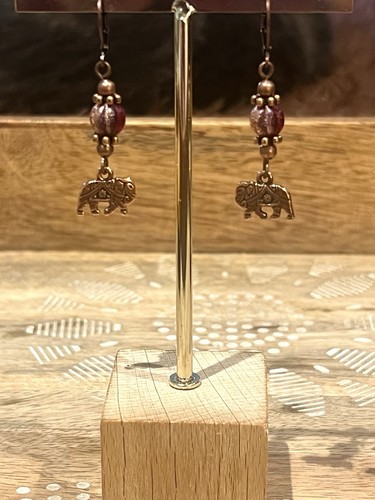 New Tibetan Copper Elephant Charm & Copper Frosted Maroon Czech Bead Earrings - Picture 7 of 9