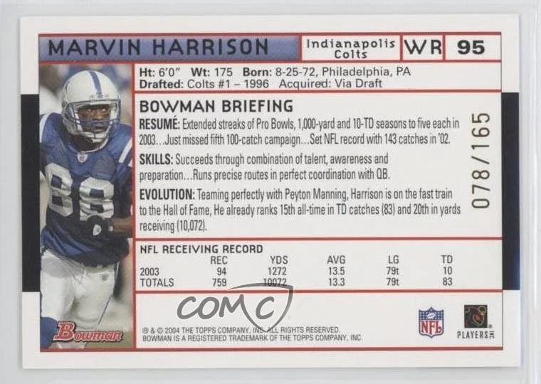 2004 Bowman White /165 Marvin Harrison #95 HOF - Image 2 of 2