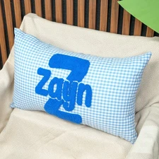 Monogram Name Punch Pillow, Baby Blue Gingham with Custom Initial and Embroidery