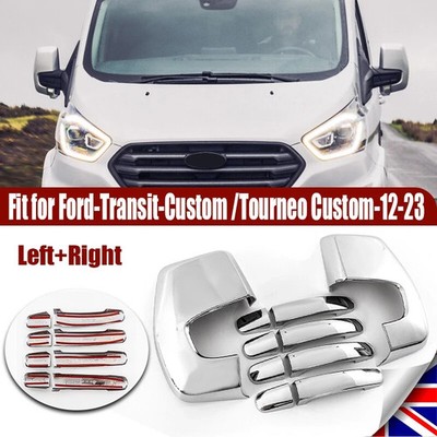 CHROME MIRROR + 4 DR HANDLE COVERS SET FITS FORD TRANSIT CUSTOM 2012+ TOURNEO