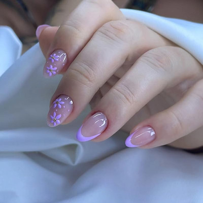30 Stück lila Blumen-Press-on-Nägel, kurze Mandelform, künstliche Nägel mit fran