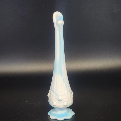 Fenton Blue Slag Glass Cabbage Rose Bud Vase 10" Blue & White Swirl  Floral Vtg
