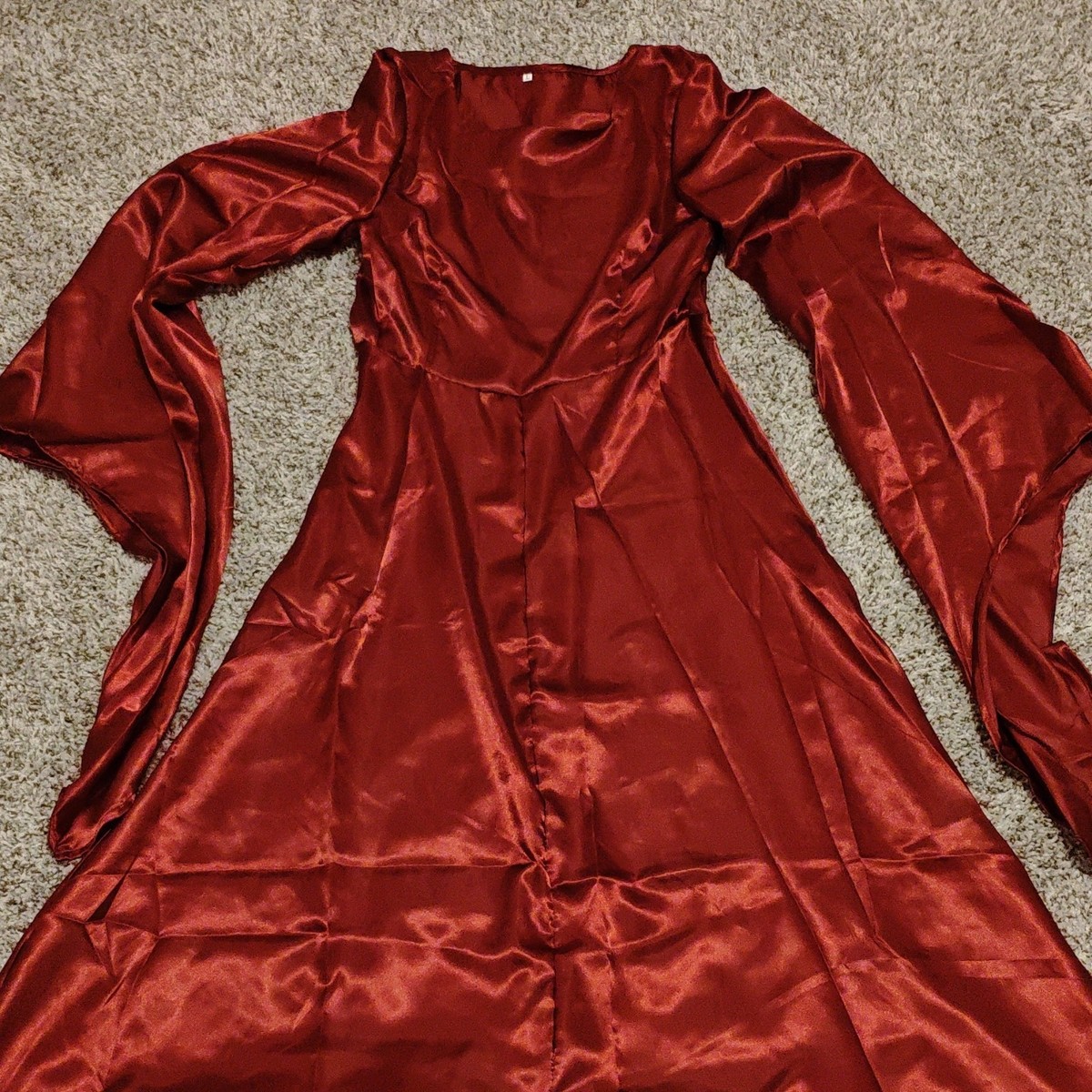 red sorceress dress Red Satin Sorcerer Sorceress Wizard Costume Dress Flowing Sleeves Large  Size L