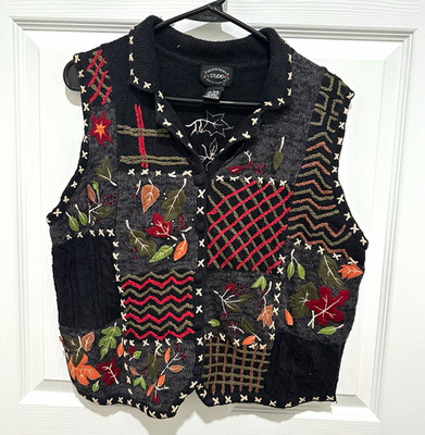 Designers Studio Originals Women s L Black Patchwork Embroidered Knit Ramie Vest