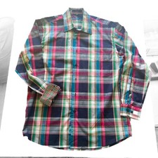 Alan Flusser Mens Medium 100 Cotton Multicolor Plaid 2 Layer Button Down Collar