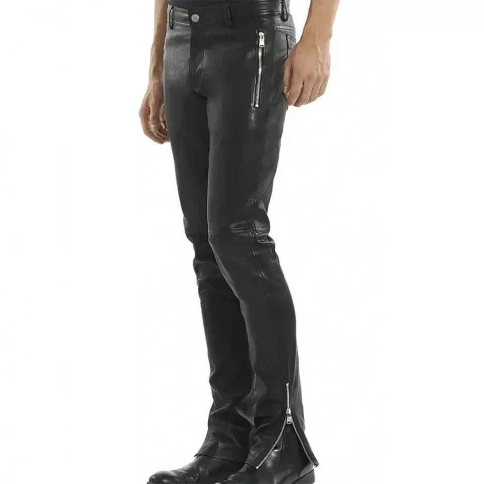 Men's Real Lambskin Soft Leather Black Slim Pant And Ankle Zip Pant